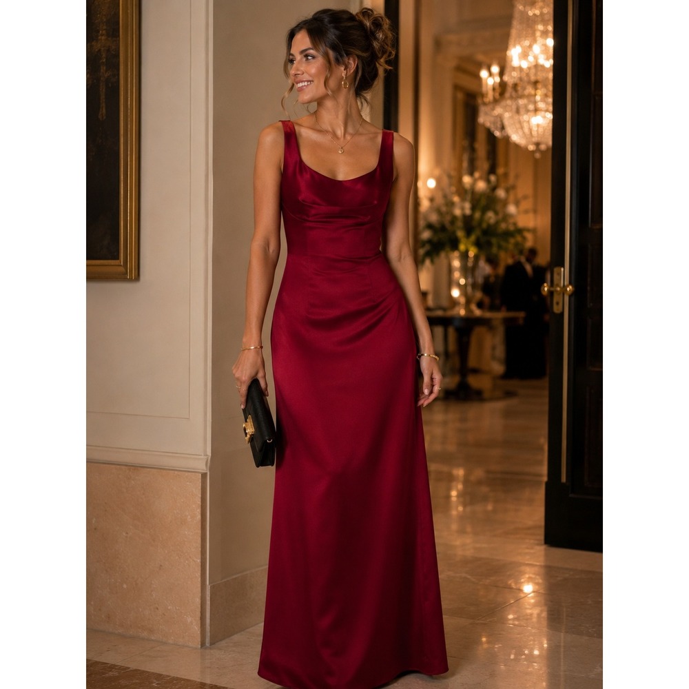 Ann Taylor Petites Red Satin Scoop Neck Maxi Evening Gown Dress 2P Formal
